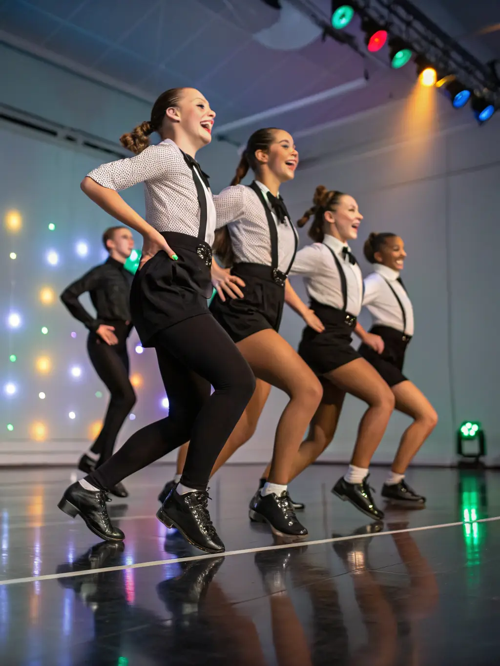 A group of tap dancers in shiny tap shoes, performing a synchronized routine with energy and enthusiasm during a tap class at Shine Arts Studio Inc.