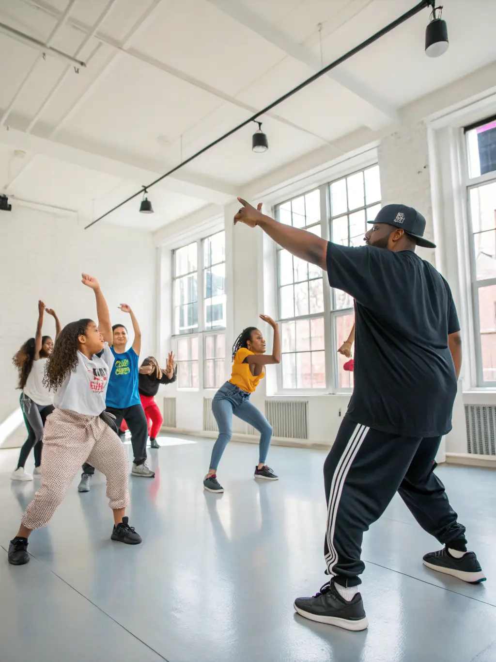 A group of hip hop dancers in trendy attire, performing a high-energy routine with dynamic movements and urban flair during a hip hop class at Shine Arts Studio Inc.
